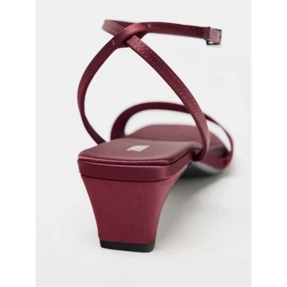Zara Satin-Effect Ankle-Strap Sandals deep burgundy hue.size 10 Label 41 NWT - Picture 3 of 8